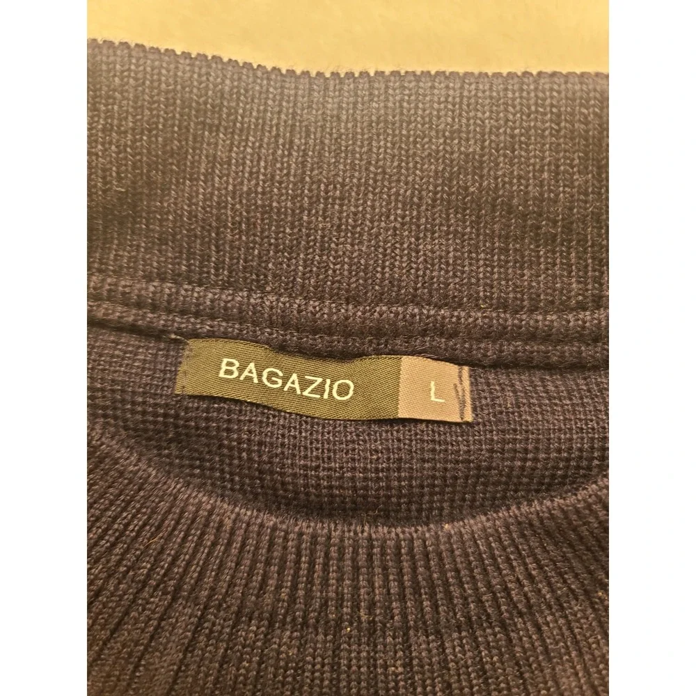 Bagazio Men's Navy Blue Faux Leather Mixed Media Greek Key Knit Sweater Size L